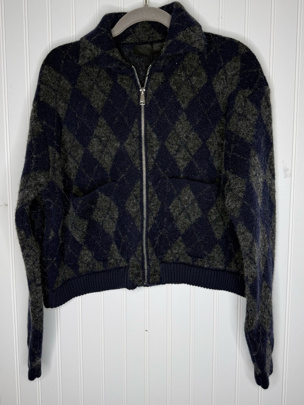 NWT Zara Wool/Alpaca Blend Argyle Knit Bomber Zip Jacket Size Medium